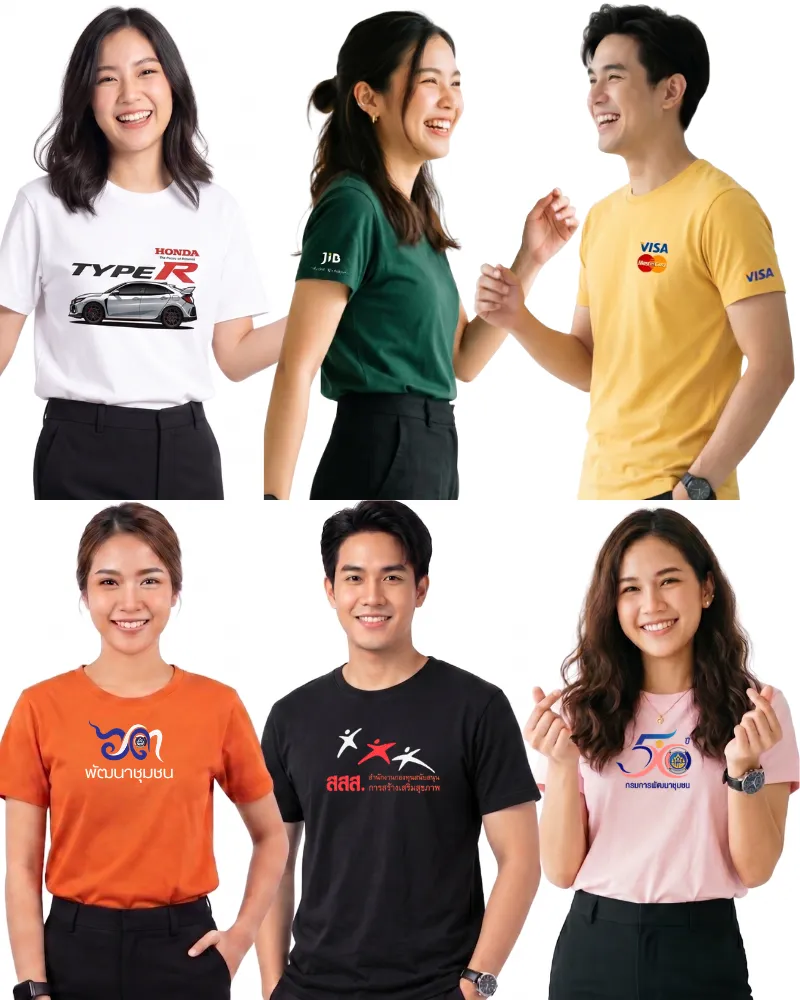 รวมผลงานจากร้านสกรีนเสื้อยืด แสดงแบบเสื้อยืด 6 สไตล์ แถวบน: เสื้อยืดสีขาวสกรีนลายบ้านข้าวแกง, เสื้อยืดสีแดงสกรีนลายนายมะพร้าวที่ด้านหลัง, เสื้อยืดสีน้ำเงินสกรีนลายไก่ทอดกรอบ แถวล่าง: เสื้อยืดสีฟ้าอ่อนสกรีนลายลำปาง, เสื้อยืดสีดำสกรีนลายหนองโหมด้านหลัง และเสื้อยืดสีฟ้าเข้มสกรีนลายเก๋ายกก๊วนชวนเที่ยวไทย บริการรับสกรีนเสื้อยืดและสั่งสกรีนเสื้อยืดทุกรูปแบบ