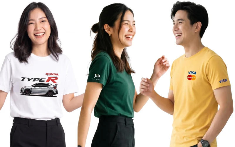 นายแบบและนางแบบสามคนสวมเสื้อยืดพิมพ์ลายโลโก้แบรนด์จากร้านสกรีนเสื้อ โดยคนซ้ายสุดสวมเสื้อยืดสีขาวสกรีนลายรถยนต์ "HONDA TYPE R" สีคมชัด คนกลางสวมเสื้อยืดสีเขียวเข้มสกรีนโลโก้ "JIB" ที่ปลายแขนเสื้อ และคนขวาสวมเสื้อยืดสีเหลืองมัสตาร์ดสกรีนโลโก้ "VISA" และ "Mastercard" บนอกเสื้อ แสดงถึงงานบริการรับสกรีนเสื้อกลุ่ม เสื้อทีมองค์กร และเสื้อสำหรับงานอีเว้นท์บนพื้นหลังสีขาว
