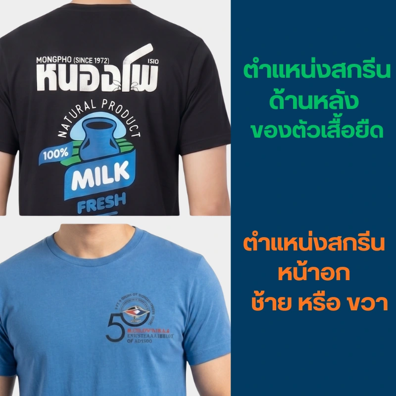 ภาพกราฟิกแนะนำตำแหน่งยอดนิยมเพิ่มเติมจากร้านสกรีนเสื้อ ฝั่งซ้ายแสดงภาพตัวอย่างจริง ด้านบนเป็นด้านหลังเสื้อยืดสีดำสกรีนลายถังนม "หนองโพ MILK FRESH" ขนาดใหญ่เต็มหลัง ด้านล่างเป็นหน้าอกเสื้อยืดสีฟ้าสกรีนโลโก้ครบรอบ "50 ปี" บริเวณอกซ้าย ฝั่งขวาเป็นพื้นหลังสีน้ำเงินเข้มแสดงข้อความอธิบายตำแหน่ง "ตำแหน่งสกรีนด้านหลังของตัวเสื้อยืด" และ "ตำแหน่งสกรีนหน้าอกซ้าย หรือ ขวา" เพื่อเป็นไกด์ไลน์งานรับสกรีนเสื้อยืด