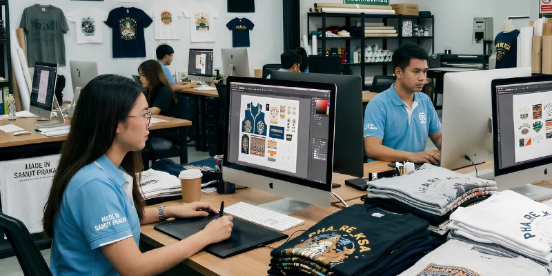 บรรยากาศทีมงานกราฟิกดีไซเนอร์ในออฟฟิศของร้านสกรีนเสื้อ กำลังขะมักเขม้นออกแบบและจัดวางกราฟิกลายเสื้อยืดบนหน้าจอคอมพิวเตอร์ iMac ฝั่งซ้ายมีพนักงานหญิงสวมแว่นตาใช้เมาส์ปากกาในการวาดแบบ ตรงกลางมีพนักงานชายสวมเสื้อโปโลสีฟ้ากำลังปรับแต่งรายละเอียดโลโก้ บนโต๊ะทำงานมีกองเสื้อยืดตัวอย่างที่สกรีนเสร็จแล้วพับวางเรียงซ้อนกัน ด้านหลังมีตัวอย่างเสื้อยืดพิมพ์ลายห้อยอยู่บนผนัง แสดงถึงบริการรับสกรีนเสื้อที่มีทีมออกแบบคอยดูแลอย่างมืออาชีพ