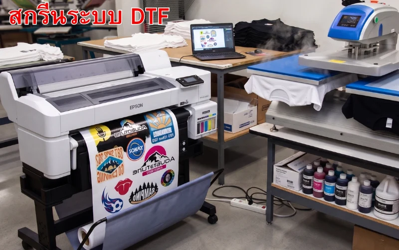 ภาพถ่ายการสกรีนเสื้อระบบ DTF (Direct to Film) ภายในร้านสกรีนเสื้อ เผยให้เห็นเครื่องพิมพ์ EPSON หน้ากว้างสีขาวกำลังพิมพ์ลวดลายโลโก้การ์ตูนและกราฟิกสีสันสดใสลงบนฟิล์มสกรีน ด้านข้างมีเครื่องรีดร้อนสีฟ้า-ขาวที่กำลังสกรีนลวดลายลงบนเสื้อยืดสีขาวและสีดำที่มีควันลอยขึ้น บรรยากาศภายในร้านประกอบด้วยเสื้อยืดพับวางซ้อนกัน แล็ปท็อปแสดงไฟล์งานออกแบบ อุปกรณ์สีสกรีน และไฟนีออนสีแดงรูปเสื้อยืดพร้อมข้อความ “สกรีนระบบ DTF”ภาพถ่ายการสกรีนเสื้อระบบ DTF (Direct to Film) ภายในร้านสกรีนเสื้อ เผยให้เห็นเครื่องพิมพ์ EPSON หน้ากว้างสีขาวกำลังพิมพ์ลวดลายโลโก้การ์ตูนและกราฟิกสีสันสดใสลงบนฟิล์มสกรีน ด้านข้างมีเครื่องรีดร้อนสีฟ้า-ขาวที่กำลังสกรีนลวดลายลงบนเสื้อยืดสีขาวและสีดำที่มีควันลอยขึ้น บรรยากาศภายในร้านประกอบด้วยเสื้อยืดพับวางซ้อนกัน แล็ปท็อปแสดงไฟล์งานออกแบบ อุปกรณ์สีสกรีน และไฟนีออนสีแดงรูปเสื้อยืดพร้อมข้อความ “สกรีนระบบ DTF”