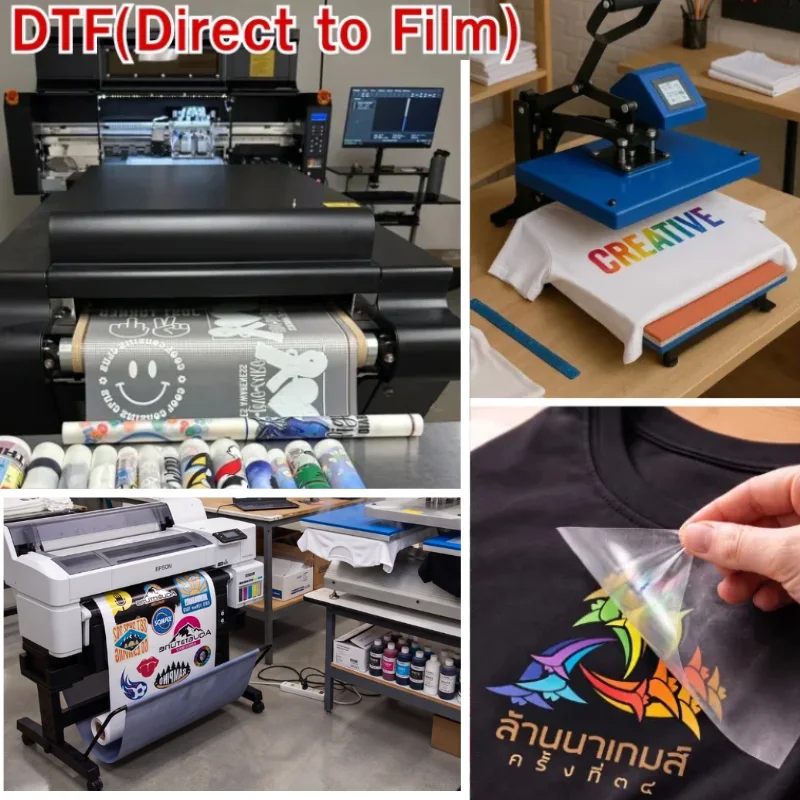 ภาพชุดกระบวนการทำงานของร้านสกรีนเสื้อยืดด้วยระบบดิจิทัล DTF (Direct to Film) ฝั่งซ้ายแสดงเครื่องพิมพ์ฟิล์มอุตสาหกรรมขนาดใหญ่และเครื่องพิมพ์ EPSON ที่กำลังพิมพ์ลวดลายสติกเกอร์สีสันสดใส ส่วนมุมขวาบนแสดงขั้นตอนการใช้เครื่องรีดร้อนพิมพ์ข้อความสีรุ้งคำว่า CREATIVE ลงบนเสื้อยืดสีขาว และมุมขวาล่างแสดงการลอกแผ่นฟิล์มใสออกจากเสื้อยืดสีดำสกรีนลายโลโก้ล้านนาเกมส์ ครั้งที่ 34 ตัวเลือกยอดนิยมสำหรับผู้ที่ต้องการสั่งสกรีนเสื้อยืดและมองหาร้านรับสกรีนเสื้อยืดงานด่วนคุณภาพสูง