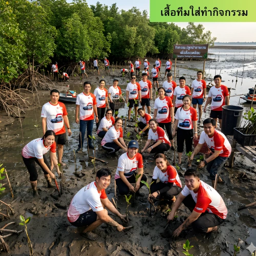 ภาพรีวิวจากลูกค้าที่สั่งผลิตผลิตเสื้อยืดกับเรา เป็นภาพกลุ่มคนหรือพนักงานบริษัทจำนวนมากกำลังร่วมกิจกรรมปลูกป่าชายเลนเพื่อสิ่งแวดล้อม ทุกคนสวมเสื้อทีมใส่ทำกิจกรรมซึ่งเป็นเสื้อยืดคอกลมแขนสั้นดีไซน์สปอร์ต ทรงสโลปไหล่โทนสีขาวตัดสีส้มแดงพิมพ์ลายกราฟิกรถยนต์ตรงหน้าอก สวมกางเกงลุยโคลนและกำลังช่วยกันปลูกต้นกล้าโกงกางลงในดินเลนริมชายฝั่งอย่างสนุกสนาน ท่ามกลางบรรยากาศป่าชายเลนสีเขียวขจี