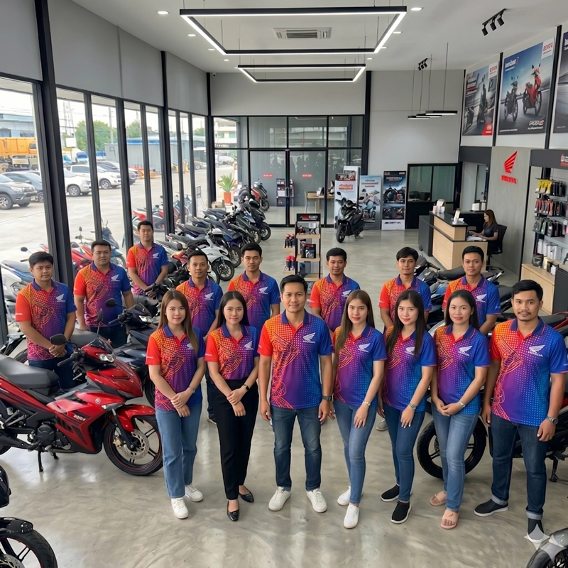 ภาพรีวิวกลุ่มลูกค้าและทีมงานหลากหลายท่านสวมใส่เสื้อโปโลพิมพ์ลายที่สั่งผลิตจากโรงงาน เป็นผลงานรับผลิตเสื้อโปโล เสื้อโปโลพนักงาน ที่โดดเด่นด้วยลายพิมพ์ดิจิทัลเต็มตัวสีสันสดใสและการตัดเย็บที่ประณีต เหมาะสำหรับเป็นเสื้อยูนิฟอร์มและเสื้อทีมงานองค์กร