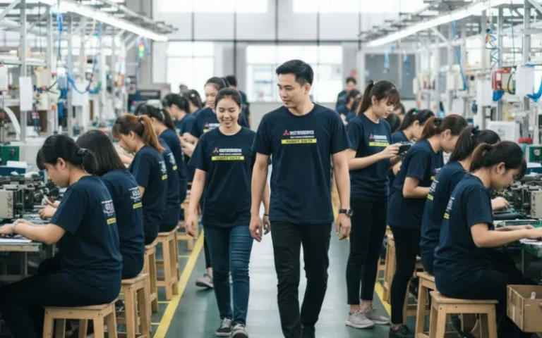 ภาพรีวิวจากลูกค้าชุดที่สองของร้านสกรีนเสื้อ แสดงกลุ่มพนักงานจำนวนมากสวมเสื้อยืดสีน้ำเงินเข้มสกรีนโลโก้แบรนด์มิตซูบิชิ "MITSUBISHI" พร้อมข้อความสีเหลืองและขาวบนหน้าอก กำลังปฏิบัติงานอยู่ภายในไลน์การผลิตของโรงงานอุตสาหกรรมขนาดใหญ่ ตรงกลางมีชายและหญิงสวมเสื้อทีมเดินพูดคุยกันตามทางเดิน ขนาบข้างด้วยพนักงานที่นั่งทำงานประจำสถานี สะท้อนถึงผลงานบริการรับสกรีนเสื้อยืดพนักงานสำหรับองค์กรขนาดใหญ่ที่มีความเป็นระเบียบเรียบร้อย