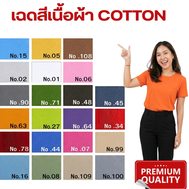 ภาพแคตตาล็อกเฉดสีเนื้อผ้า Cotton สำหรับสั่งผลิตเสื้อยืดเปล่า ด้านบนมีข้อความตัวอักษรสีแดงขนาดใหญ่ว่า "เฉดสีเนื้อผ้า COTTON" ฝั่งซ้ายแสดงตัวอย่างแผ่นผ้าสีต่าง ๆ พร้อมระบุรหัสหมายเลขสีอย่างชัดเจน เช่น No.15 สีฟ้า, No.05 สีเหลือง, No.108 สีน้ำตาล, No.02 สีเทาอ่อน, No.01 สีขาว, No.06 สีชมพู และสีอื่น ๆ รวมทั้งหมด 22 เฉดสี ส่วนฝั่งขวามีภาพหญิงสาวสวมเสื้อยืดสีส้มกางเกงสีดำ กำลังยิ้มและชี้นิ้วไปยังตารางเฉดสี ด้านล่างขวามีป้ายโลโก้สีแดงทรงสี่เหลี่ยมผืนผ้าโค้งมนระบุข้อความ "PREMIUM QUALITY" พร้อมรูปดาว 5 ดวง