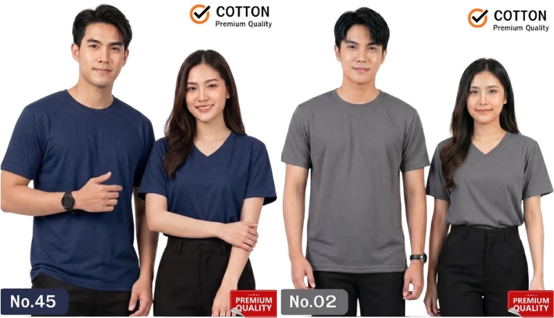 นายแบบและนางแบบสวมเสื้อยืดเปล่าผ้าคอตตอนแท้เกรดพรีเมียมสีกรมท่าและสีเทาเข้ม โดยฝั่งซ้ายเป็นเสื้อยืดสีกรมท่า (นายแบบสวมคอกลมแผ่มือชี้ไปข้างหน้า นางแบบสวมคอวีคู่กับกางเกงสีดำ รหัส No.45) และฝั่งขวาเป็นเสื้อยืดสีเทาเข้ม (นายแบบสวมคอกลมยืนตรง นางแบบสวมคอวีคู่กับกางเกงสีดำ รหัส No.02) มีไอคอนสัญลักษณ์ COTTON Premium Quality อยู่ด้านบน และตราสัญลักษณ์กรอบแดง Premium Quality ที่มุมล่างขวา บนพื้นหลังสีขาวล้วน