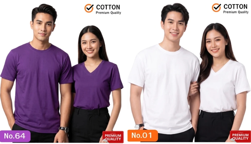 นายแบบและนางแบบสวมเสื้อยืดเปล่าผ้าคอตตอนแท้เกรดพรีเมียมสีม่วงและสีขาว โดยฝั่งซ้ายเป็นเสื้อยืดสีม่วงเข้ม (นายแบบสวมคอกลม นางแบบสวมคอวีคู่กับกางเกงสีดำ รหัส No.64) และฝั่งขวาเป็นเสื้อยืดสีขาวคลีน (นายแบบสวมคอกลม นางแบบสวมคอวีเดินควงแขนคู่กับกางเกงสีดำ รหัส No.01) มีไอคอนสัญลักษณ์ COTTON Premium Quality ด้านบน และป้ายกรอบแดง Premium Quality ที่มุมล่างขวา บนพื้นหลังสีขาวล้วน