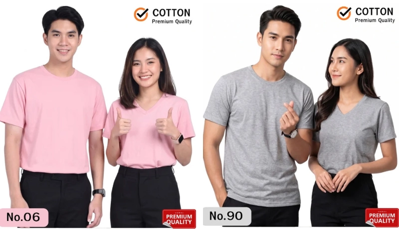 นายแบบและนางแบบสวมเสื้อยืดเปล่าผ้าคอตตอนแท้เกรดพรีเมียมสีชมพูอ่อนและสีเทาท็อปดาย โดยฝั่งซ้ายเป็นเสื้อยืดสีชมพูอ่อนพาสเทล (นายแบบสวมคอกลม นางแบบสวมคอวีโพสต์ท่ายกนิ้วโป้งสองข้างคู่กับกางเกงสีดำ รหัส No.06) และฝั่งขวาเป็นเสื้อยืดสีเทาท็อป (นายแบบสวมคอกลมโพสต์ท่ามินิฮาร์ท นางแบบสวมคอวีคู่กับกางเกงสีดำ รหัส No.90) มีโลโก้ COTTON Premium Quality ด้านบน และป้ายกรอบแดง Premium Quality ที่มุมล่างขวา บนพื้นหลังสีขาวสะอาด