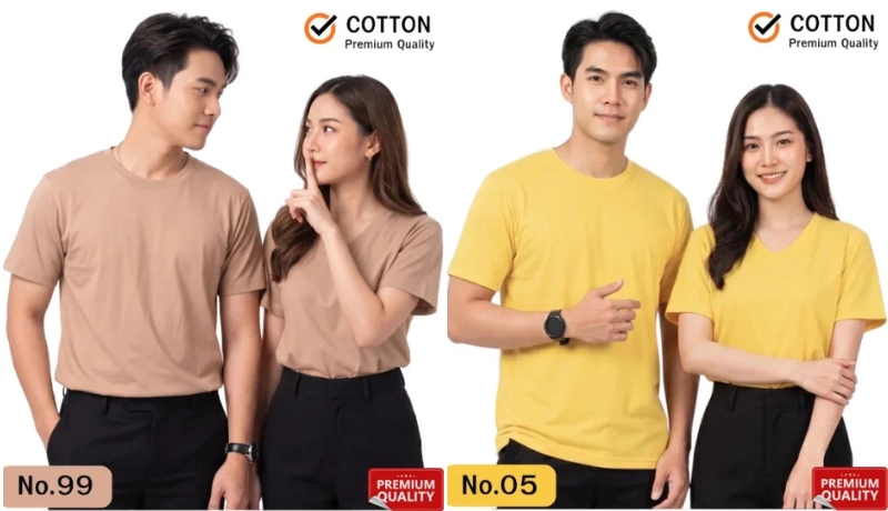 นายแบบและนางแบบสวมเสื้อยืดเปล่าผ้าคอตตอนแท้เกรดพรีเมียมสีครีมและสีเหลือง โดยฝั่งซ้ายเป็นเสื้อยืดสีครีม (นายแบบสวมคอกลมมองไปที่นางแบบ นางแบบสวมคอวีทำท่าใช้นิ้วชี้แตะที่ริมฝีปากคู่กับกางเกงสีดำ รหัส No.99) และฝั่งขวาเป็นเสื้อยืดสีเหลืองสว่าง (นายแบบสวมคอกลมยืนหันหน้าตรง นางแบบสวมคอวีคู่กับกางเกงสีดำ รหัส No.05) มีไอคอนสัญลักษณ์ COTTON Premium Quality อยู่ด้านบน และตราสัญลักษณ์กรอบแดง Premium Quality ที่มุมล่างขวา บนพื้นหลังสีขาวล้วน