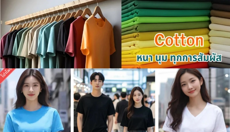 ภาพกราฟิกโปรโมชันเสื้อยืดเปล่าคัดสรรคุณภาพเกรดพรีเมียม ด้านบนซ้ายแสดงเสื้อยืดเปล่าคอกลมหลากสี เช่น ดำ เขียวส้ม แขวนบนไม้แขวนเสื้อไม้ ด้านบนขวาเป็นภาพซูมเนื้อผ้าคอตตอนพับซ้อนกันเป็นชั้นสีเขียวและเหลือง พร้อมข้อความ Cotton หนา นุ่ม ทุกการสัมผัส ส่วนด้านล่างมีภาพนายแบบและนางแบบสวมเสื้อยืดเปล่าสีฟ้า สีดำ และสีขาว เดินในย่านแฟชั่นใจกลางเมืองอย่างมีสไตล์