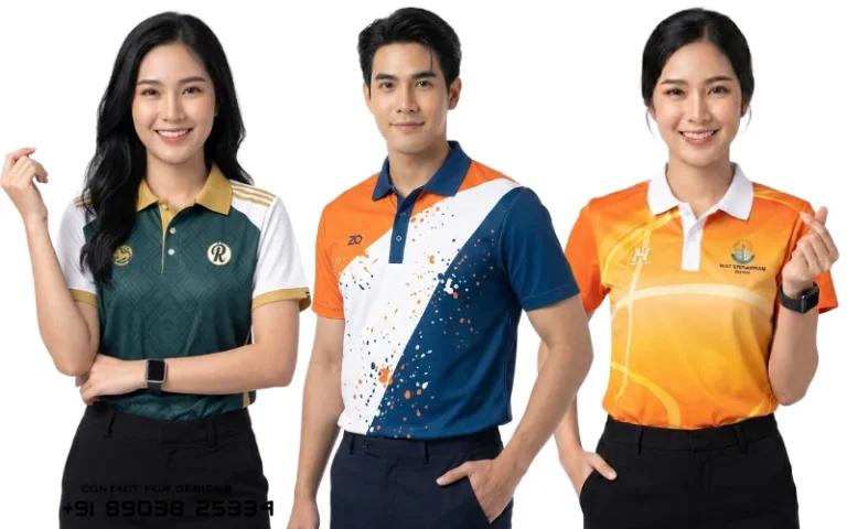 บริการรับผลิตเสื้อโปโล และรับทำเสื้อโปโล ครบวงจร นำเสนอตัวอย่างเสื้อโปโลพนักงานพิมพ์ลาย 3 ดีไซน์สดใส ด้านซ้ายเป็นเสื้อโปโลพนักงานหญิงโทนสีเขียวเข้มสลับขาว ปกสีเหลืองทองพิมพ์ลายกราฟิกไทยสีทอง ตรงกลางเป็นเสื้อโปโลชายดีไซน์สปอร์ตตัดสลับสามสี ส้ม ขาว และน้ำเงินกรมท่า พร้อมลายจุดสแปลช และด้านขวาเป็นเสื้อโปโลหญิงโทนสีส้มเหลืองไล่เฉดสีพิมพ์ตราสัญลักษณ์โรงเรียนหรือองค์กร