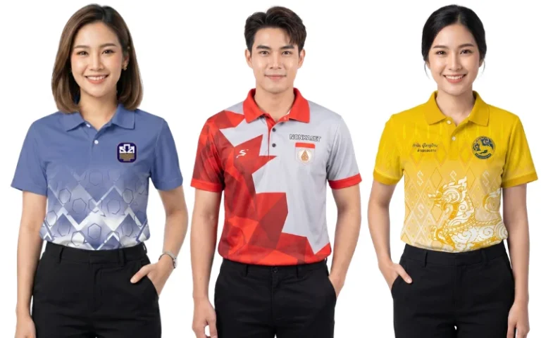 บริการรับผลิตเสื้อโปโลและรับทำเสื้อโปโล ครบวงจร แสดงตัวอย่างเสื้อโปโลพนักงานและเสื้อทีมพิมพ์ลายดิจิตอล 3 รูปแบบ ด้านซ้ายเป็นเสื้อโปโลสีดำพิมพ์ลายรังผึ้งกราฟิกสีเทาแดง ตรงกลางเป็นเสื้อโปโลพนักงานหญิงสีม่วงพิมพ์ลายเรขาคณิตสามเหลี่ยมไล่เฉดสี และด้านขวาเป็นเสื้อโปโลพิมพ์ลายทีมฟุตบอลสีฟ้าครามกราฟิกรูปสะพาน