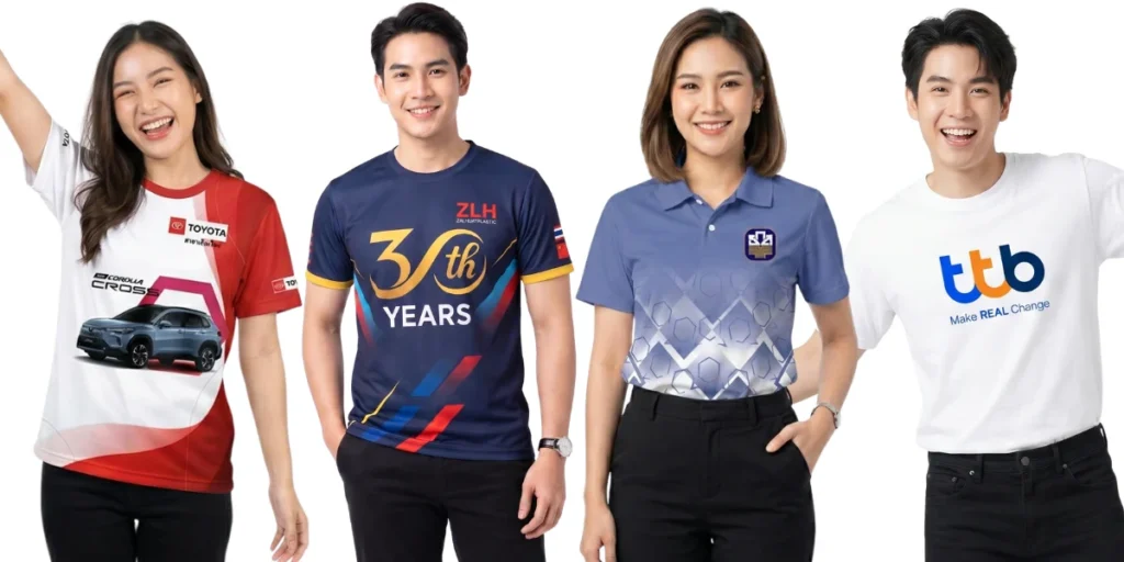 กลุ่มนายแบบและนางแบบสวมเสื้อยืดดีไซน์ต่าง ๆ จากโรงงานผลิตเสื้อยืด ทั้งเสื้อยืดสกรีนลายรถยนต์โตโยต้า เสื้อยืดพิมพ์ลายครบรอบ 30 ปี เสื้อยืดคอปกโปโลสีฟ้าพิมพ์ลายเรขาคณิตพร้อมตราโลโก้ และเสื้อยืดสีขาวพิมพ์ลาย ttb สื่อถึงบริการรับผลิตเสื้อยืดและสั่งทำเสื้อยืดแบบครบวงจรที่มีคุณภาพสำหรับองค์กรและกิจกรรมต่าง ๆ