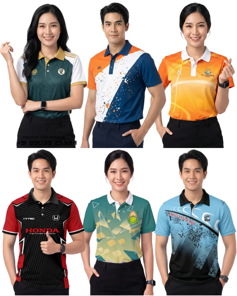 คอลลาจภาพตัวอย่างสินค้าเสื้อยืดโปโลคอปกพิมพ์ลาย คุณภาพพรีเมียมสวมใส่โดยนายแบบและนางแบบ มีทั้งเสื้อโปโลคอปกพิมพ์ลายกราฟิกสีเขียวเข้มปกสีมัสตาร์ด เสื้อสีขาวคาดส้มน้ำเงินลายสปอร์ต เสื้อสีส้มเหลืองพิมพ์ลายแบรนด์โรงงาน และเสื้อยืดโปโลคอปกพิมพ์ลายโทนสีแดงดำแบรนด์ Honda i-VTEC เสื้อสีเขียวมิ้นต์ลายกราฟิกตราครุฑราชการ และเสื้อสีฟ้าครามพิมพ์ลายตารางดิจิทัลแบรนด์สหการประมูล