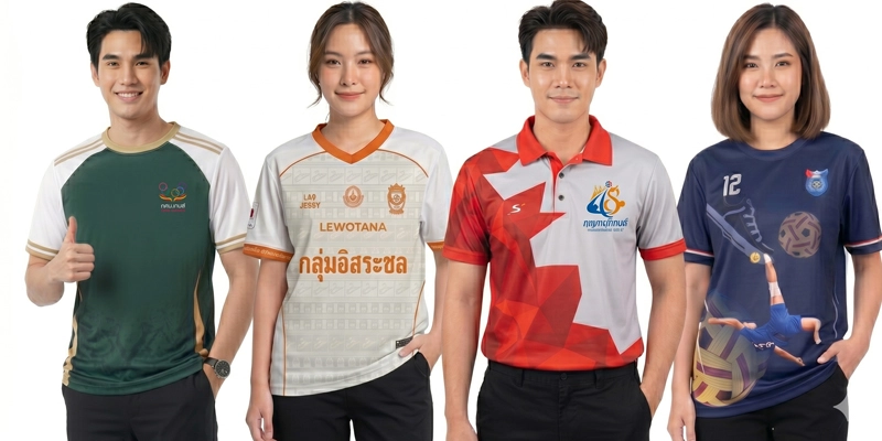 นายแบบและนางแบบ 4 คน สวมใส่เสื้อผ้ากีฬาหลากสไตล์จากโรงงานรับผลิตเสื้อกีฬาพร้อมพิมพ์ลายครบวงจร เรียงจากซ้ายไปขวา: 1. ผู้ชายสวมเสื้อวิ่งคอกลมสีเขียวเข้มสลับขาว มีโลโก้ กศน.เกมส์ ขนาดเล็กที่อกขวา 2. ผู้หญิงสวมเสื้อทีมฟุตบอลคอวีสีขาวพิมพ์ลายกราฟิกสีส้ม-น้ำตาล 3. ผู้ชายสวมเสื้อโปโลพิมพ์ลายจีโอเมตริกสีแดง-เทา มีตราสัญลักษณ์กาญจนบุรีเกมส์ที่อกซ้าย 4. ผู้หญิงสวมเสื้อกีฬาสีน้ำเงินพิมพ์ลายเซปักตะกร้อดิจิทัลเต็มตัว ทั้งหมดสะท้อนงานผลิตเสื้อทีมและเสื้อกีฬาสีคุณภาพสูง