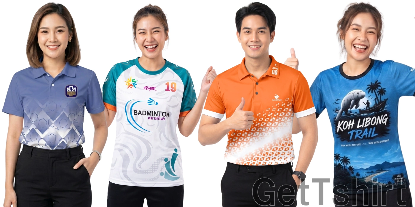 ภาพตัวอย่างเสื้อกีฬาเสื้อพิมพ์ลาย ด้วยระบบซับลิเมชัน โดดเด่นด้วยเนื้อผ้าเบาสบาย ระบายอากาศดี เหมาะสำหรับทำเสื้อทีม เสื้อวิ่ง เสื้อองค์กร เสื้อใส่ทำกิจกรรม ต่างๆ 