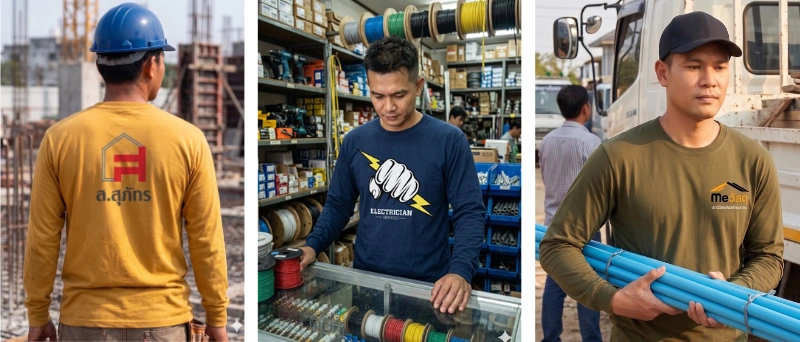 ตัวอย่างเสื้อคนงานแขนยาวสกรีนโลโก้ เสื้อคนงานก่อสร้างและช่างไฟ หลากหลายสี