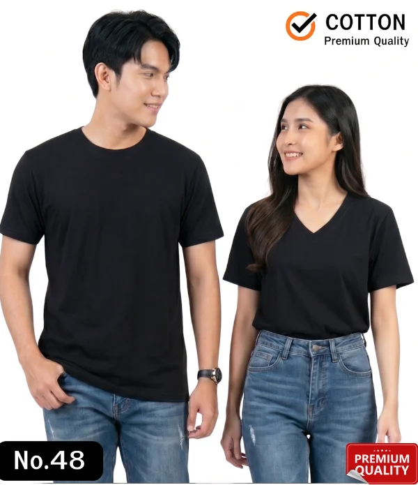 นายแบบและนางแบบสวมเสื้อยืดสีดำผ้า Cotton คุณภาพพรีเมียม สำหรับบริการสั่งผลิตเสื้อยืดพร้อมสกรีน