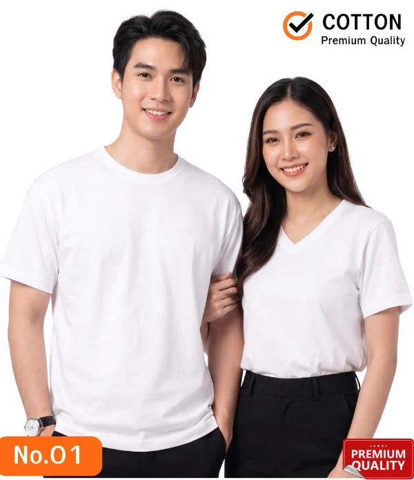 เสื้อยืดเปล่า Cotton เสื้อยืดสีขาว คอกลม คอวี เกรดพรีเมียม No.01